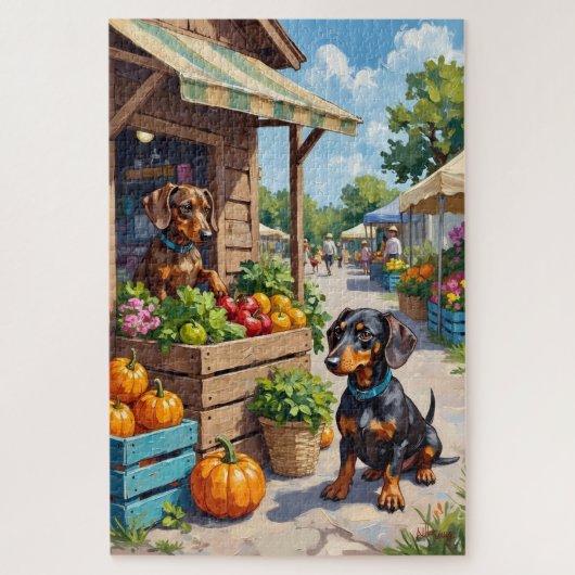 Grappige tekening van een dashond op de boerenmark legpuzzel (Verticaal)