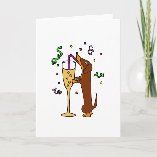 Grappige tekening van een feestvierende dachshond kaart (Voorkant)