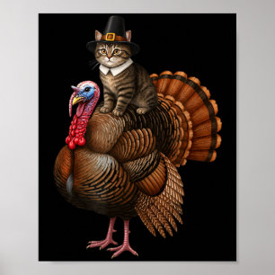 Grappige Thanksgiving kat op kalkoen, Lgrim hoed k Poster