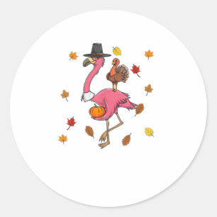 grappige Thanksgiving pelgrim flamingo met turkije Ronde Sticker
