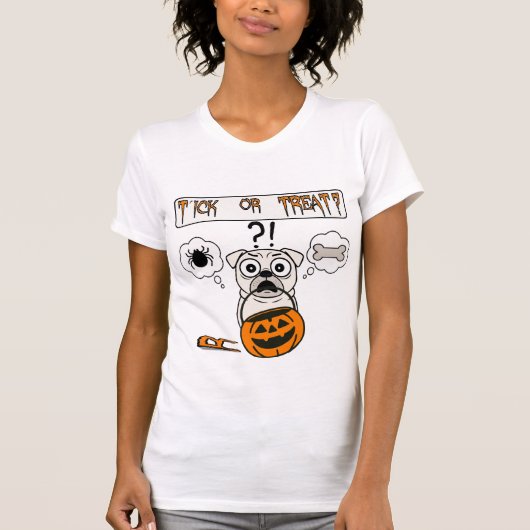 Grappige Tick or Treat Pug Halloween T-shirt (Voorkant)