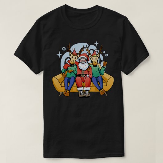 Grappige toon Santa Claus Rendier op de bank T-shirt (Design voorkant)