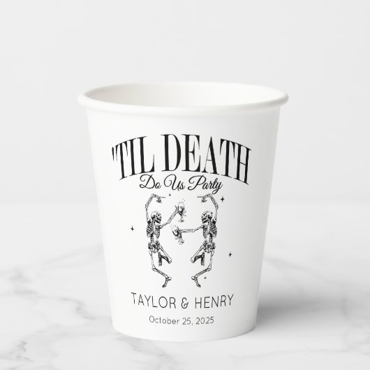 Grappige tot de dood ons scheidt feest huwelijksfe papieren bekers (Voorkant)