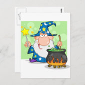 Grappige Tovenaar die met Toverstokje en het Briefkaart (Voorkant / Achterkant)