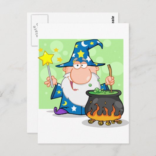 Grappige Tovenaar die met Toverstokje en het Briefkaart (Voorkant / Achterkant)