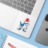 Grappige Tralalero Tralala Cartoon Kerstmeme Sticker (Laptop met iPhone)