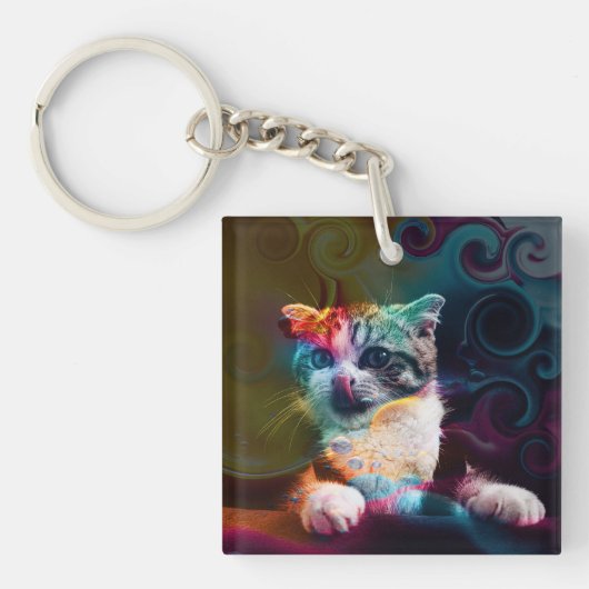 GRAPPIGE TRENDY KLEURRIJKE KAT KUNST SLEUTELHANGER (voorkant)