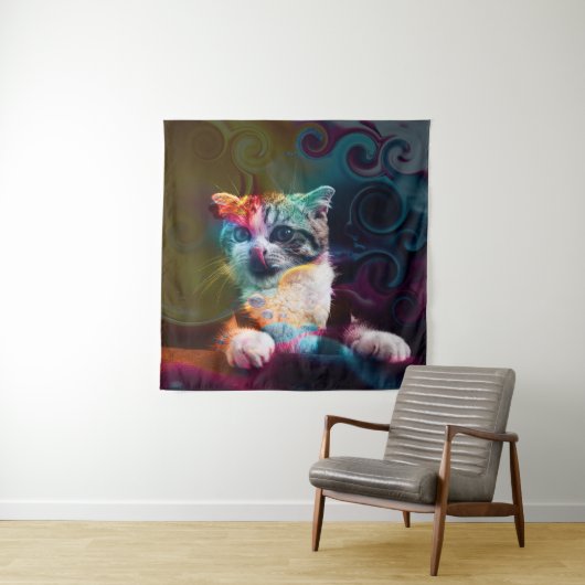 GRAPPIGE TRENDY KLEURRIJKE KAT KUNST WANDKLEED (In situ)