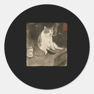 Grappige Trieste Kat Roken Meme Sumi-e Japanse Art Ronde Sticker