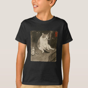 Grappige Trieste Kat Roken Meme Sumi-e Japanse Art T-shirt