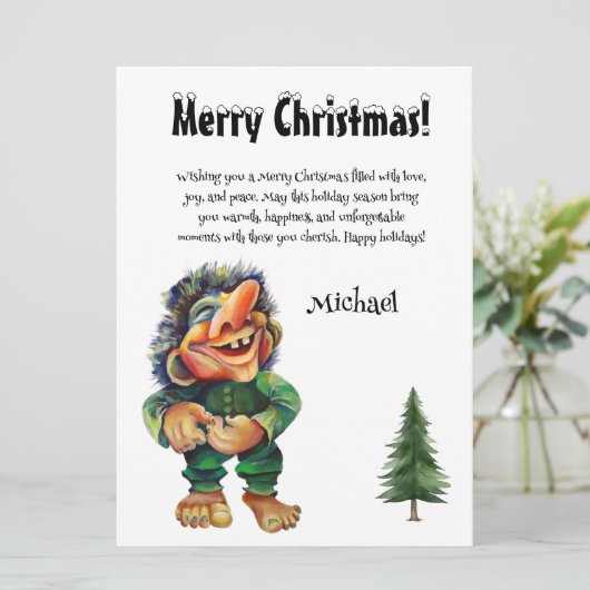Grappige Troll Christmas Kaart met aangepaste naam (Staand voorkant)
