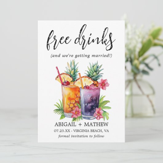 Grappige tropische ananas cocktails foto bruiloft save the date (Staand voorkant)