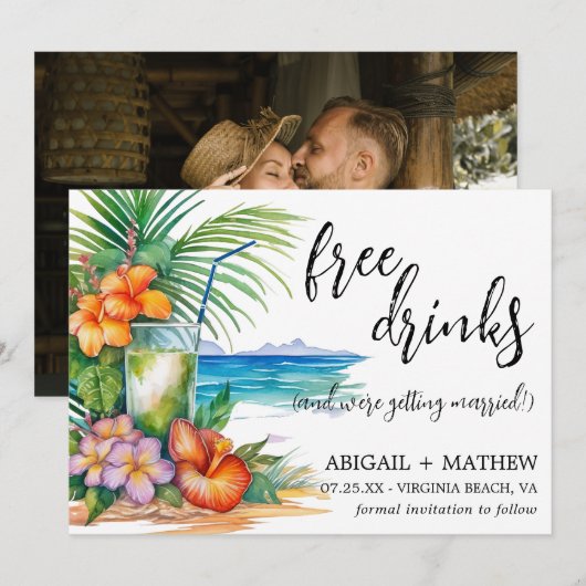 Grappige Tropische Cocktail Strand Trendy Foto Bru Save The Date (Voorkant / Achterkant)