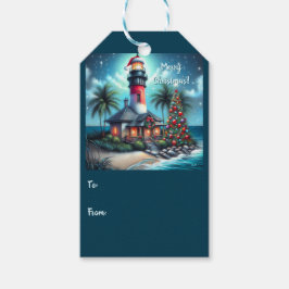 Grappige tropische kerstvuurtoren Blauwgroen rood Cadeaulabel