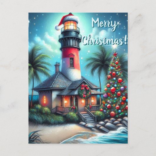 Grappige tropische kerstvuurtoren Blauwgroen rood Feestdagenkaart (Voorkant)