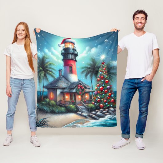 Grappige tropische kerstvuurtoren Blauwgroen rood Fleece Deken (In situ)