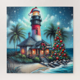 Grappige tropische kerstvuurtoren Blauwgroen rood Legpuzzel