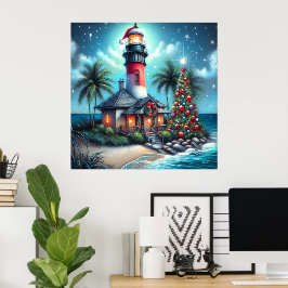 Grappige tropische kerstvuurtoren Blauwgroen rood Poster