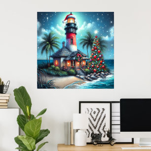 Grappige tropische kerstvuurtoren Blauwgroen rood Poster
