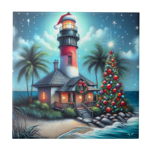 Grappige tropische kerstvuurtoren Blauwgroen rood Tegeltje (Voorkant)