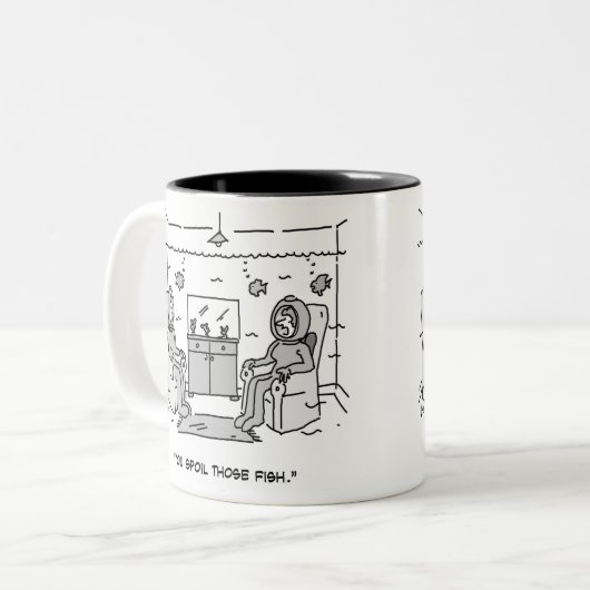 Grappige tropische vis Cartoon op een Tweekleurige Koffiemok (Voorkant links)