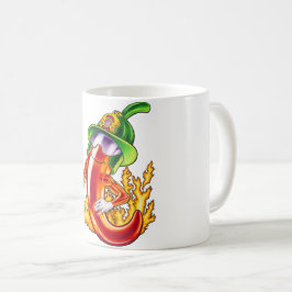 Grappige trotse brandweerman chili in brand geeft koffiemok