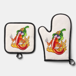 Grappige trotse brandweerman chili in brand geeft  ovenwant & pannenlap set