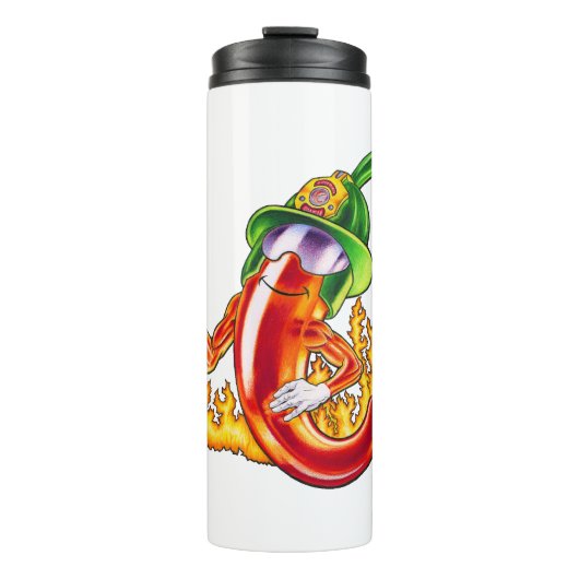 Grappige trotse brandweerman chili in brand geeft thermosbeker (Voorkant)