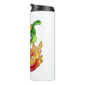 Grappige trotse brandweerman chili in brand geeft thermosbeker (Geroteerd rechts)