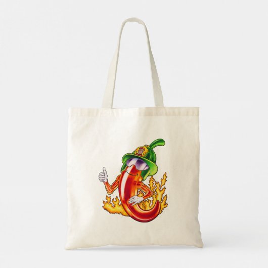 Grappige trotse brandweerman chili in brand geeft tote bag (Achterkant)