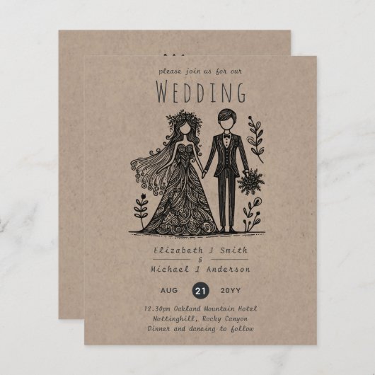 Grappige Trouw Cartoon Bruid Bruidegom Handgeteken (Voorkant / Achterkant)