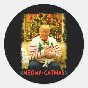 Grappige Trump Kerstkat Liefhebbers Meowy Kerstkat Ronde Sticker