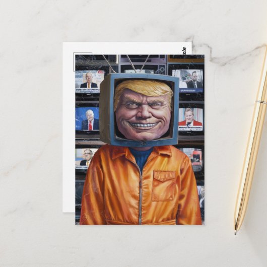 Grappige Trump vast in een tv Briefkaart (Voorkant / Achterkant in situ)