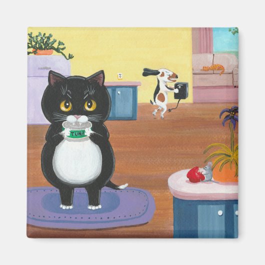 Grappige Tuxedo Kat Hond Creationarts Magneet (Voorkant)