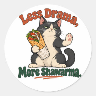 Grappige Tuxedo Kat Shawarma Cartoon Oranje & Groe Ronde Sticker