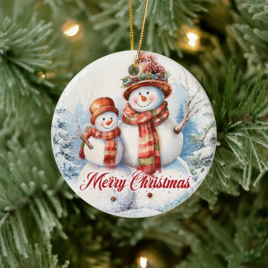 Grappige twee waterverf sneeuwman in de sneeuw keramisch ornament (Boom)