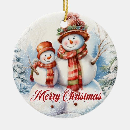 Grappige twee waterverf sneeuwman in de sneeuw keramisch ornament (Voorkant)