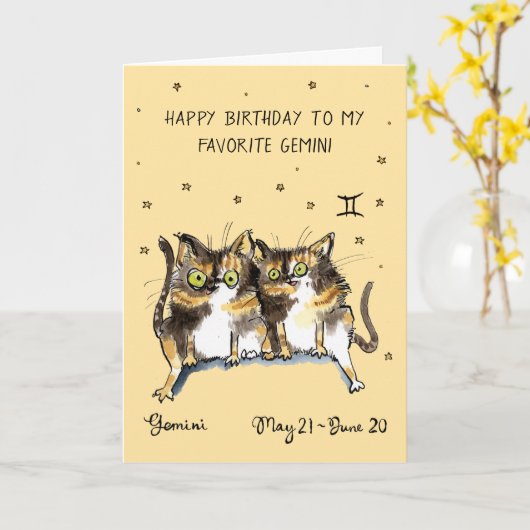 Grappige Tweeling kaart Sterrenbeeld Kat Sterrenbe (Gele Bloem)