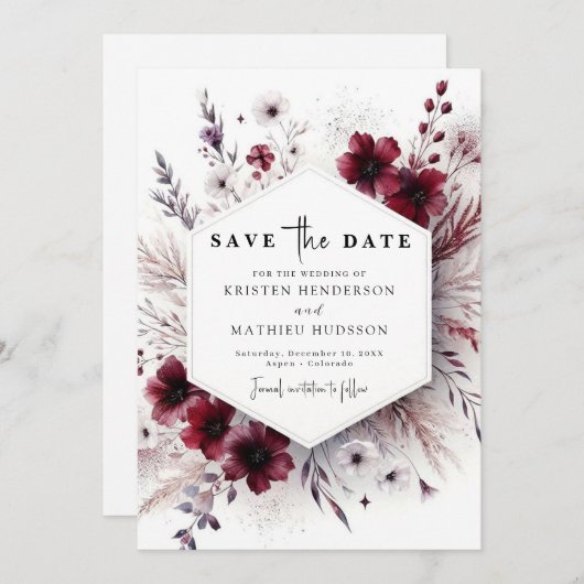 Grappige typografie Bourgondische bruiloft Save The Date (Voorkant / Achterkant)