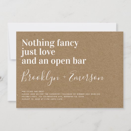 Grappige Typografie Open Bar Kraft Bruiloft Kaart (Voorkant)
