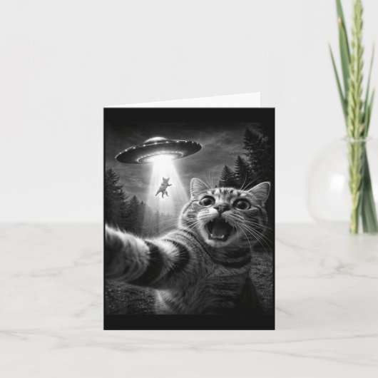 Grappige UFO Kat Selfie Alien Ontvoering Grafisch Kaart (Voorkant)