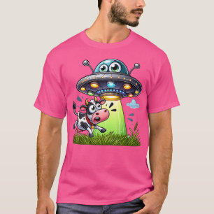 Grappige UFO ontvoering Cartoon met Koe T-shirt