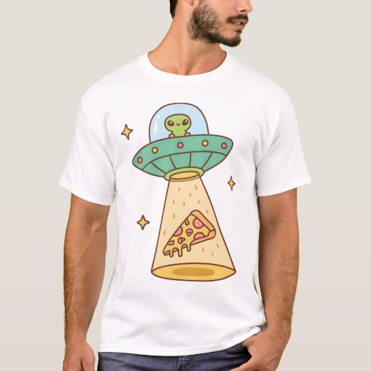 Grappige UFO Ontvoert Pizza Doodle T-shirt (Voorkant)