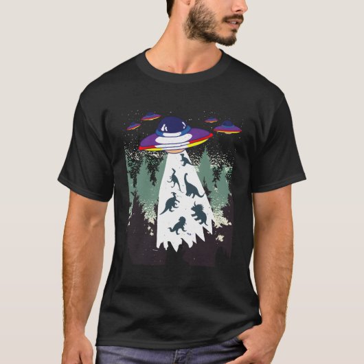 Grappige UFO Space Alien Forest-dinosaurusontvoeri T-shirt (Voorkant)
