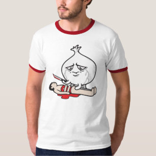Grappige uien huilen, snijden mens t-shirt