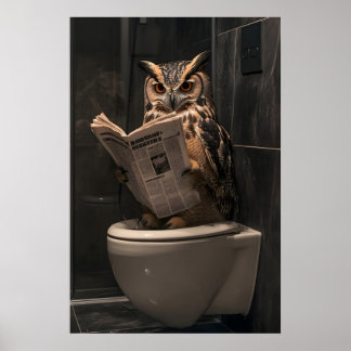 Grappige Uil Leest Krant op Toilet, Badkamer Poster