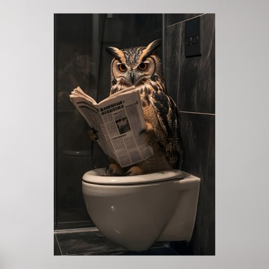 Grappige Uil Leest Krant op Toilet, Badkamer Poster (Voorkant)