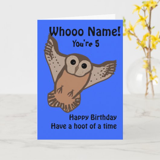 Grappige Uil verjaardagskaarten, kind met naam en Kaart (Gele Bloem)