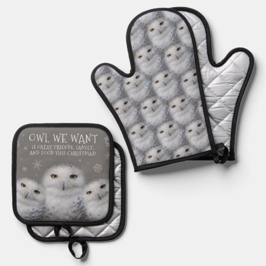 Grappige Uil We Willen Voor Kerstmis ... Sneeuwuil Ovenwant & Pannenlap Set (Voorkant / Achterkant)