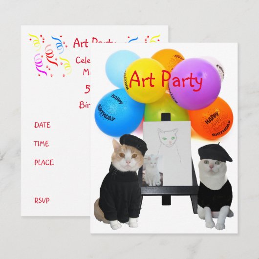grappige uitnodiging van Cats Art Party (Voorkant / Achterkant)